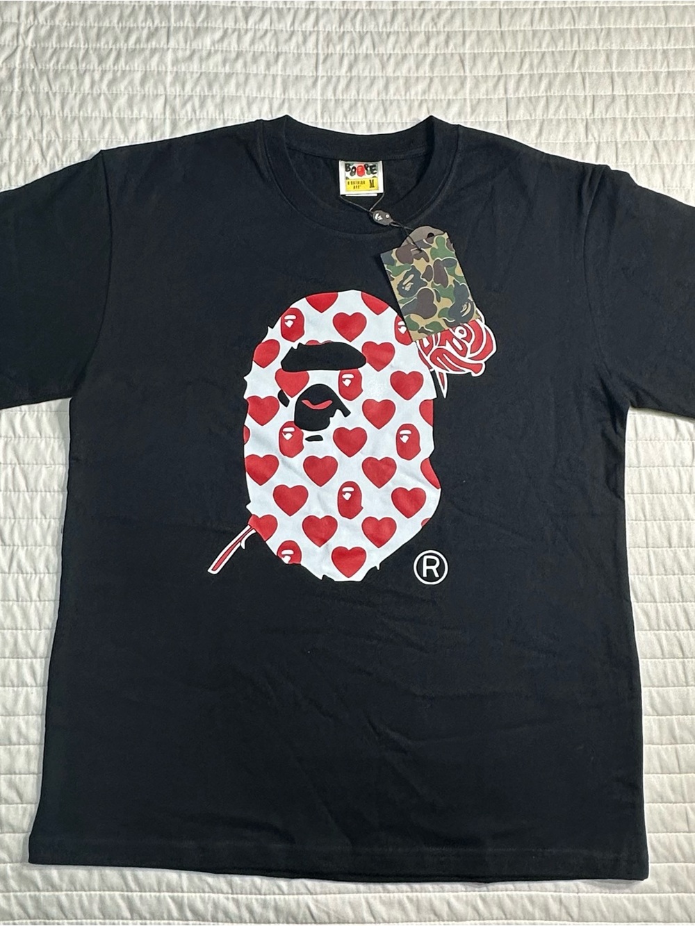 Bape Black Tee with White Ape Mask Covered in Red Hearts